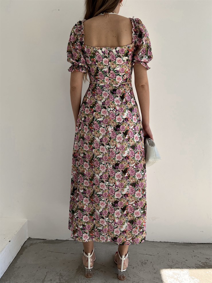Çiçekli Midi Boy Yaka Çevresi Fırfırlı Yırtmaçlı Presley Kadın Renkli Elbise 22Y000286