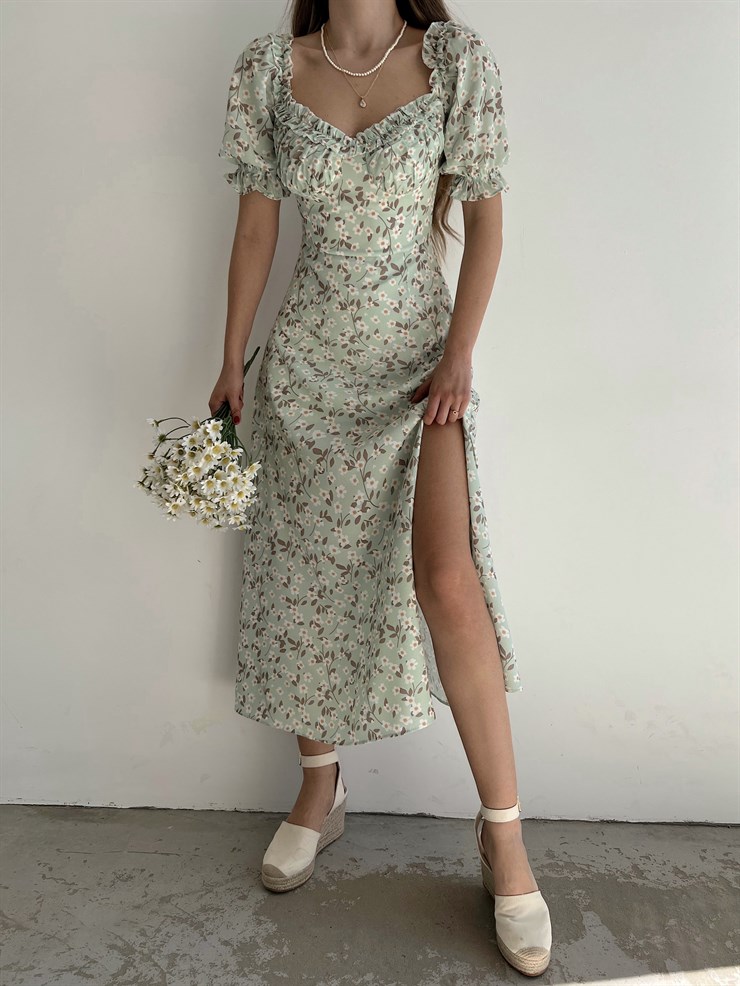 Çiçekli Midi Boy Yaka Çevresi Fırfırlı Yırtmaçlı Presley Kadın Yeşil Elbise 22Y000286