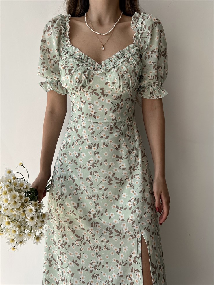 Çiçekli Midi Boy Yaka Çevresi Fırfırlı Yırtmaçlı Presley Kadın Yeşil Elbise 22Y000286