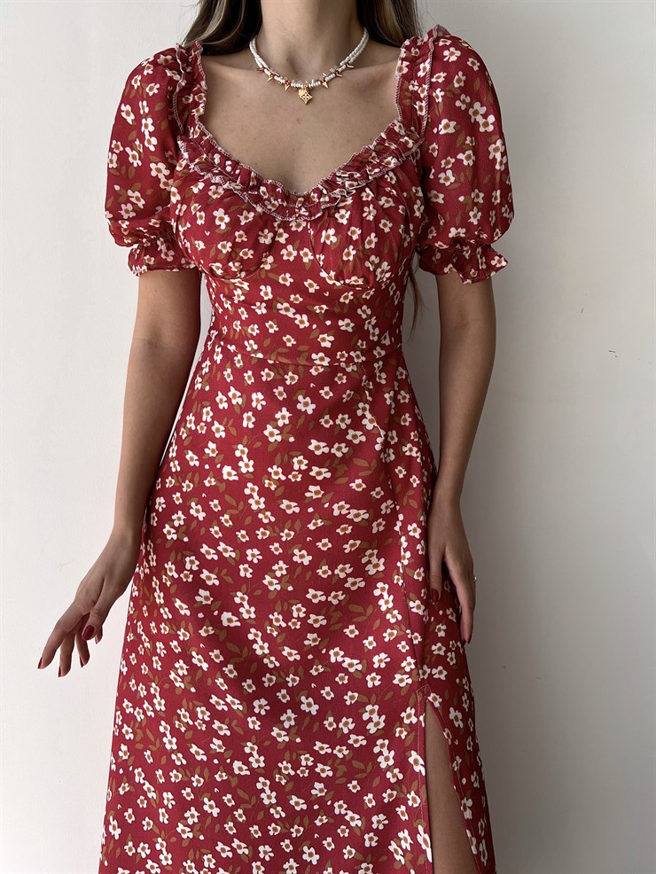 Çiçekli Midi Boy Yaka Çevresi Fırfırlı Yırtmaçlı Presley Kadın Bordo Elbise 22Y000286