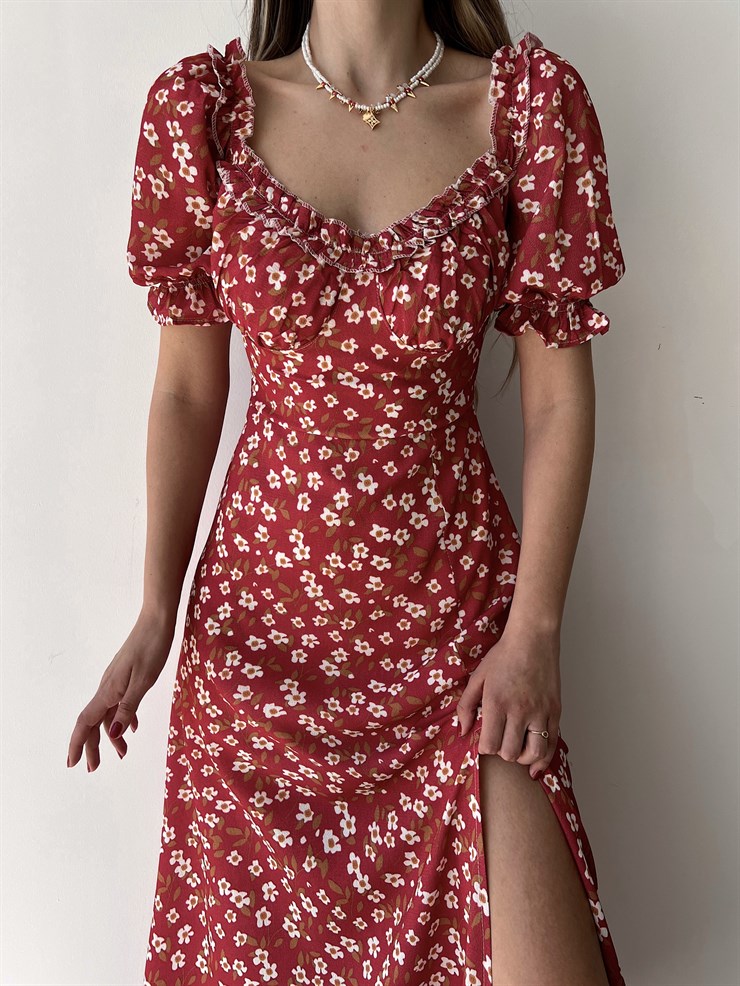 Çiçekli Midi Boy Yaka Çevresi Fırfırlı Yırtmaçlı Presley Kadın Bordo Elbise 22Y000286