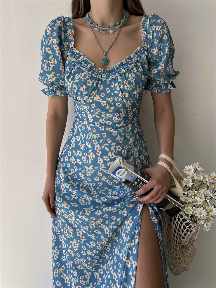 Çiçekli Midi Boy Yaka Çevresi Fırfırlı Yırtmaçlı Presley Kadın Mavi Elbise 22Y000286