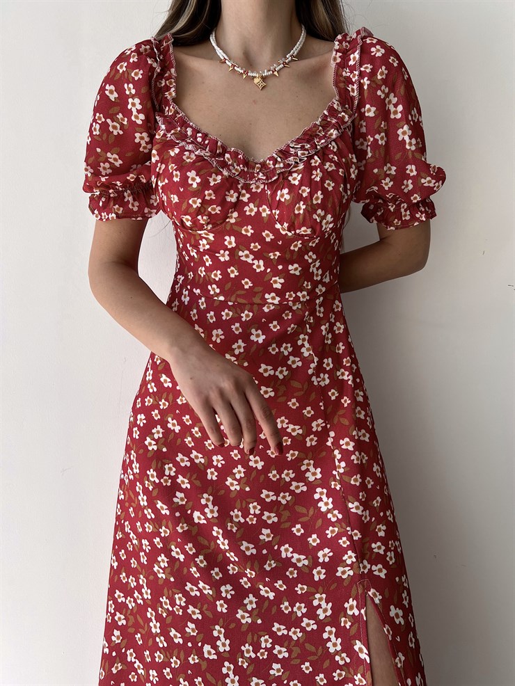Çiçekli Midi Boy Yaka Çevresi Fırfırlı Yırtmaçlı Presley Kadın Bordo Elbise 22Y000286