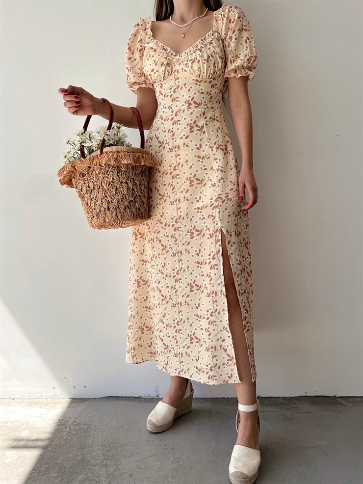 Çiçekli Midi Boy Yaka Çevresi Fırfırlı Yırtmaçlı Presley Kadın Sarı Elbise 22Y000286