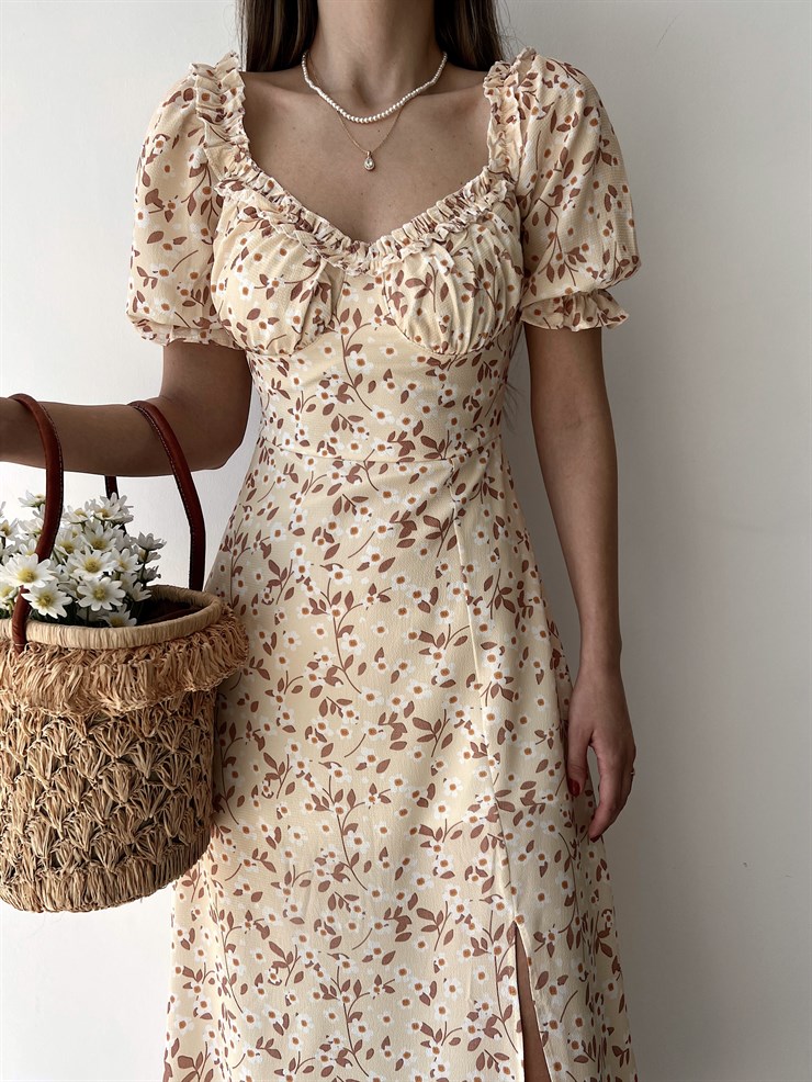 Çiçekli Midi Boy Yaka Çevresi Fırfırlı Yırtmaçlı Presley Kadın Sarı Elbise 22Y000286