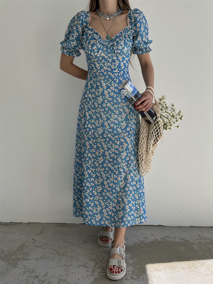 Çiçekli Midi Boy Yaka Çevresi Fırfırlı Yırtmaçlı Presley Kadın Mavi Elbise 22Y000286