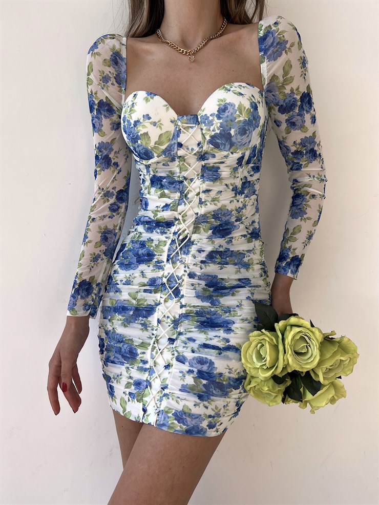 Çiçekli Mini Boy Önden Çapraz Şerit Detay Drapeli Darion Kadın Mavi Elbise 22Y000258