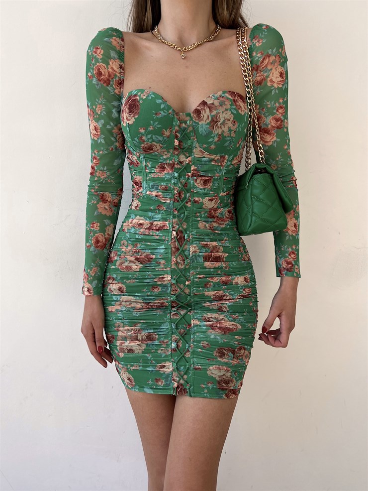 Çiçekli Mini Boy Önden Çapraz Şerit Detay Drapeli Darion Kadın Yeşil Elbise 22Y000258