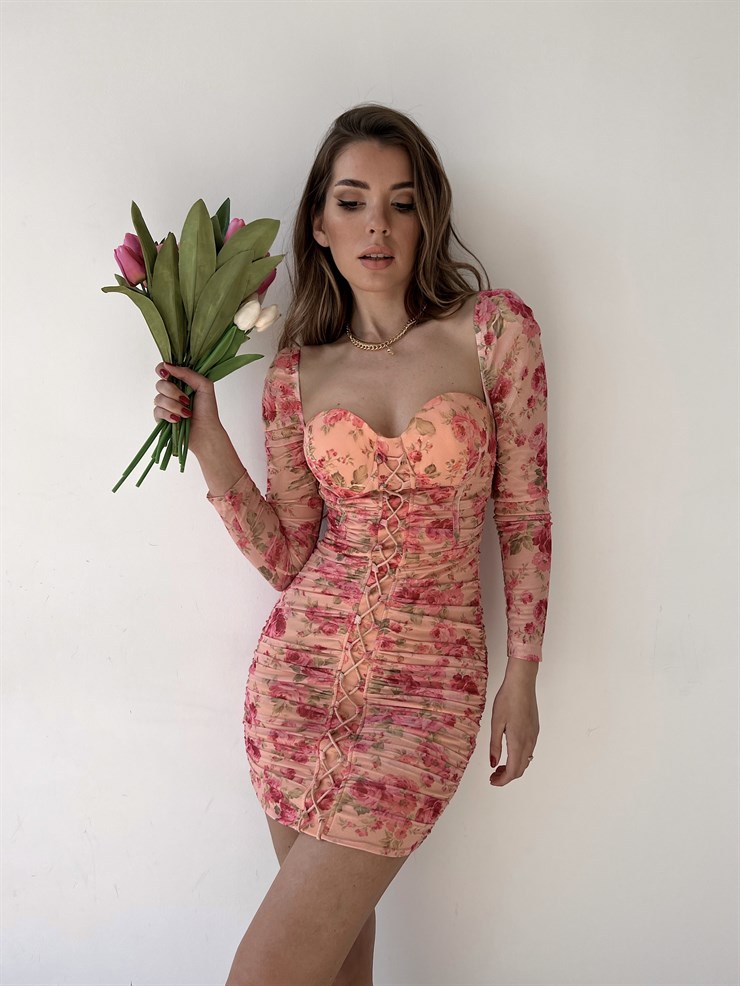 Çiçekli Mini Boy Önden Çapraz Şerit Detay Drapeli Darion Kadın Pudra Elbise 22Y000258