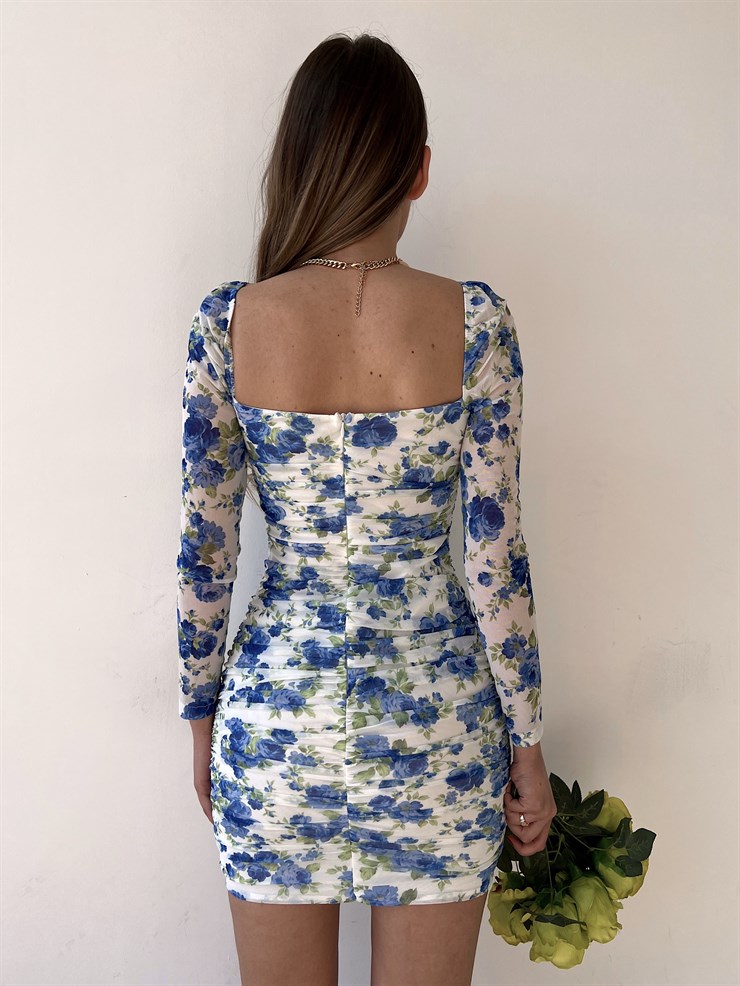 Çiçekli Mini Boy Önden Çapraz Şerit Detay Drapeli Darion Kadın Mavi Elbise 22Y000258