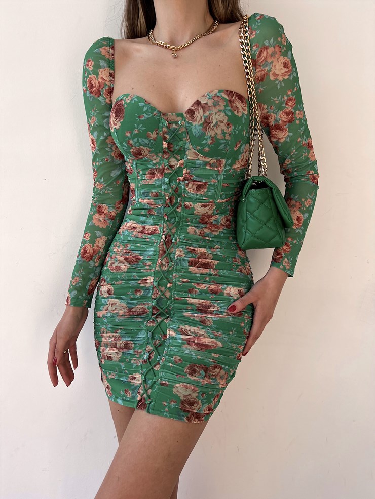 Çiçekli Mini Boy Önden Çapraz Şerit Detay Drapeli Darion Kadın Yeşil Elbise 22Y000258