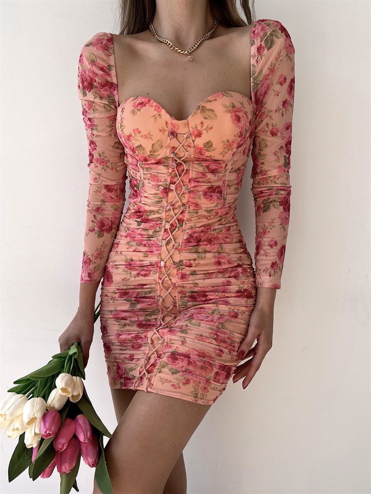 Çiçekli Mini Boy Önden Çapraz Şerit Detay Drapeli Darion Kadın Pudra Elbise 22Y000258