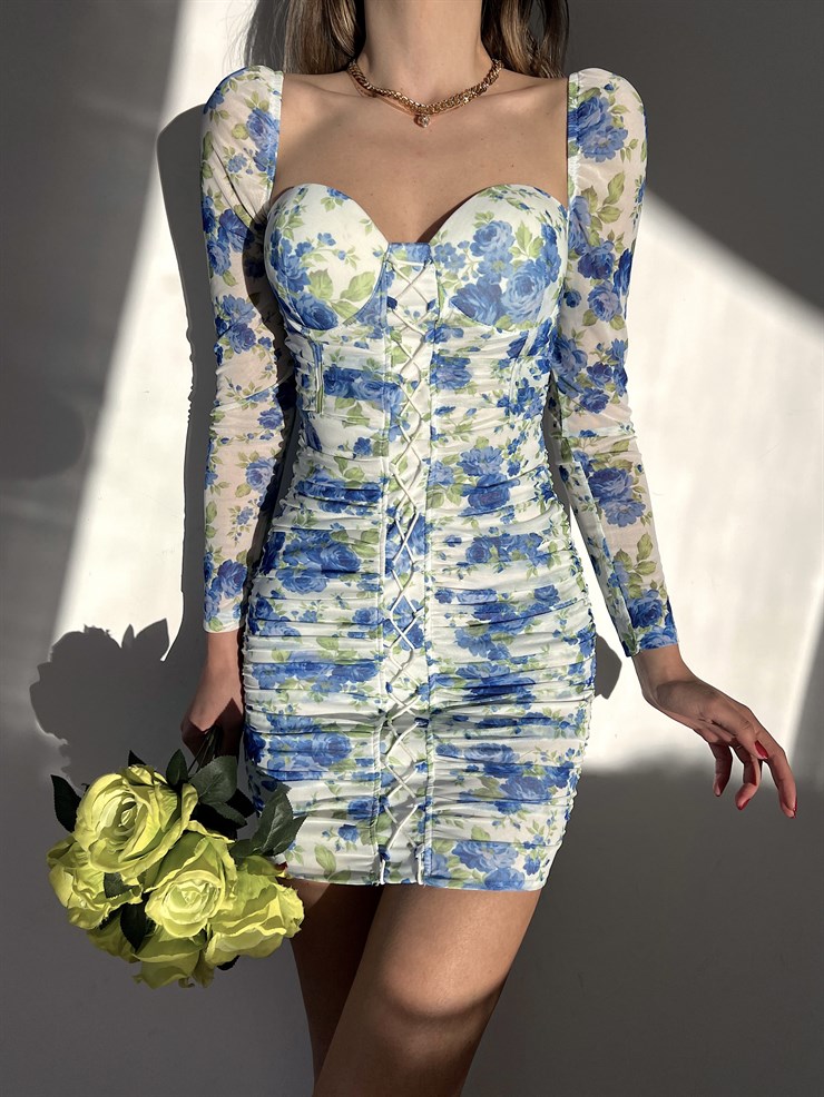 Çiçekli Mini Boy Önden Çapraz Şerit Detay Drapeli Darion Kadın Mavi Elbise 22Y000258