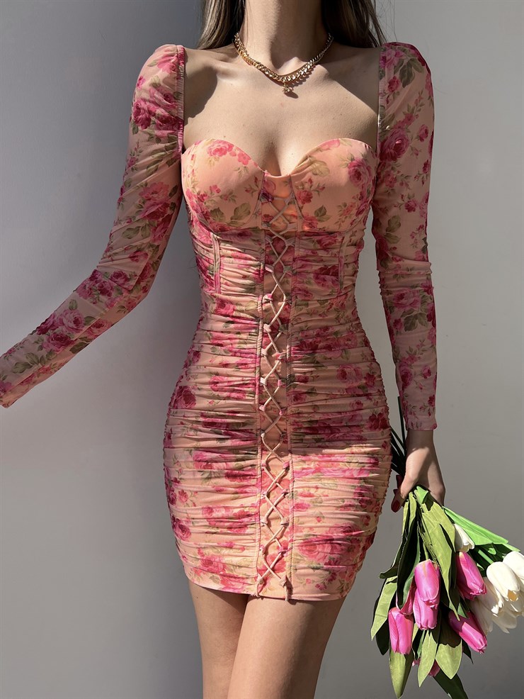 Çiçekli Mini Boy Önden Çapraz Şerit Detay Drapeli Darion Kadın Pudra Elbise 22Y000258