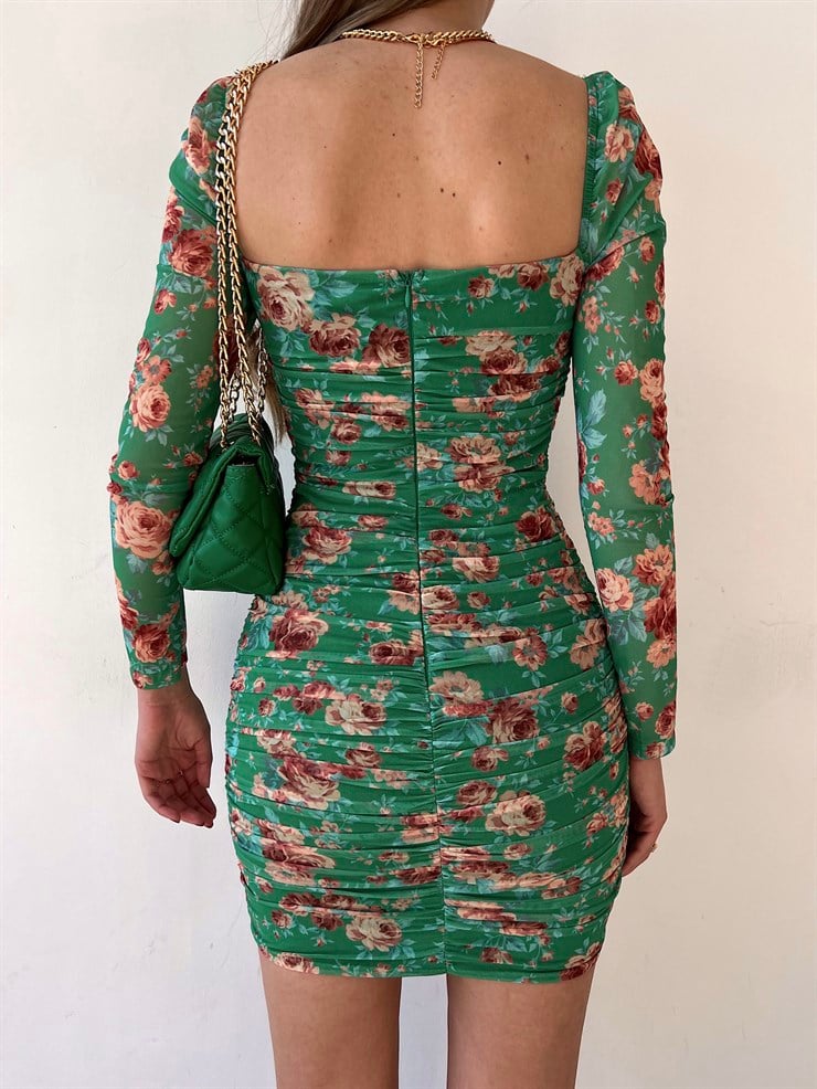 Çiçekli Mini Boy Önden Çapraz Şerit Detay Drapeli Darion Kadın Yeşil Elbise 22Y000258