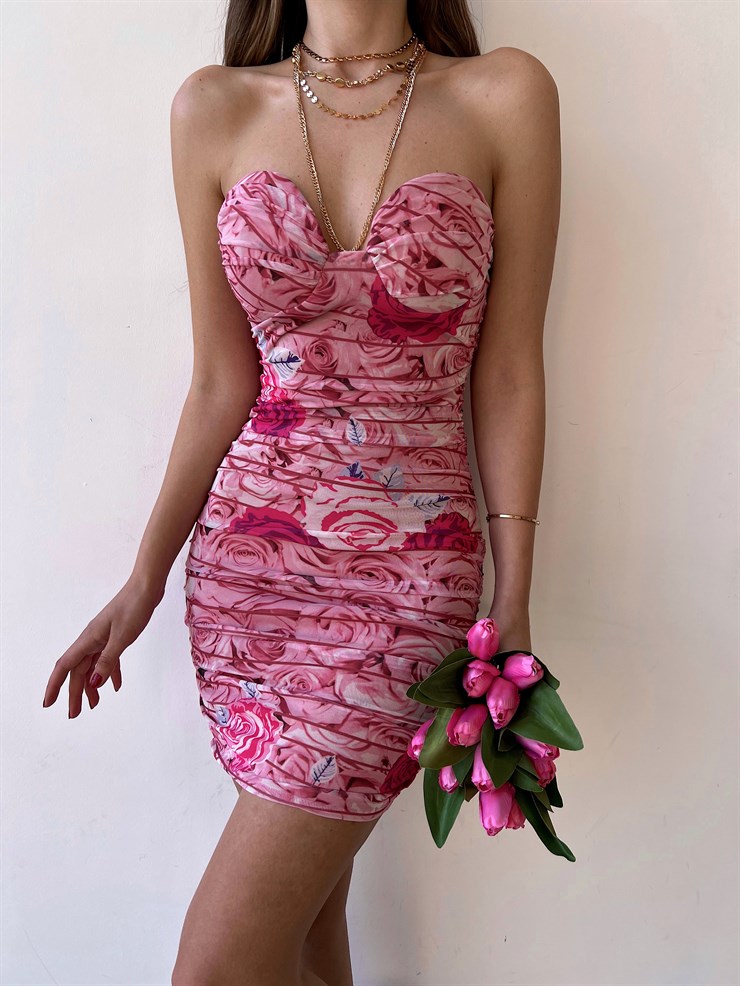 Çiçekli Mini Boy Straplez Kalp Yaka Drapeli Sasha Kadın Pembe Elbise 22Y000252