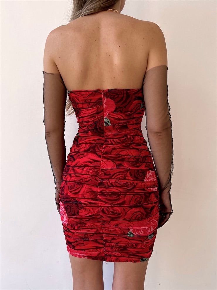 Çiçekli Mini Boy Straplez Kalp Yaka Drapeli Sasha Kadın Kırmızı Elbise 22Y000252