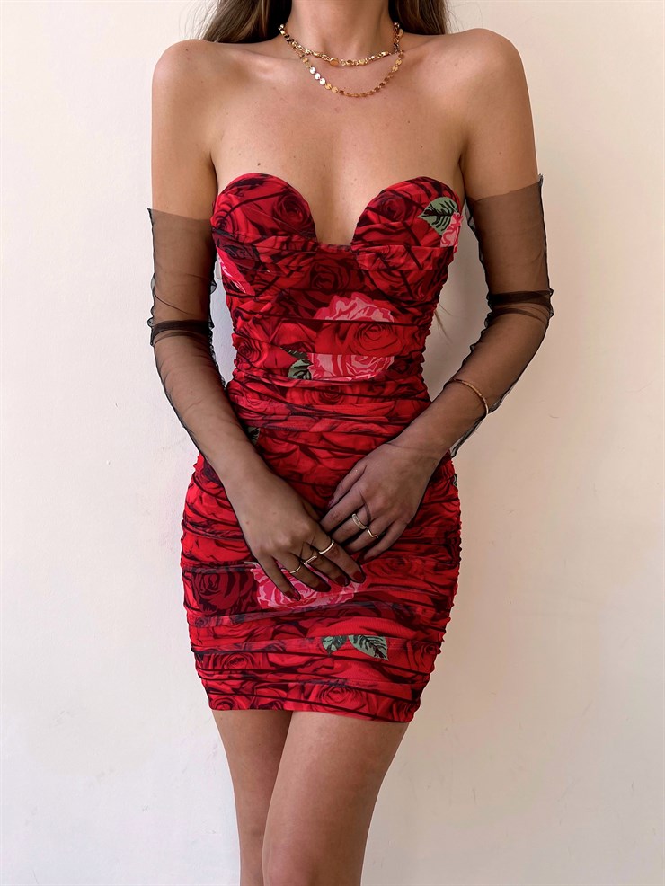 Çiçekli Mini Boy Straplez Kalp Yaka Drapeli Sasha Kadın Kırmızı Elbise 22Y000252