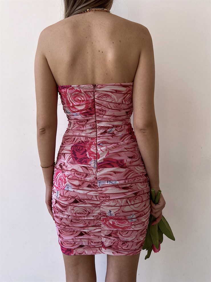 Çiçekli Mini Boy Straplez Kalp Yaka Drapeli Sasha Kadın Pembe Elbise 22Y000252