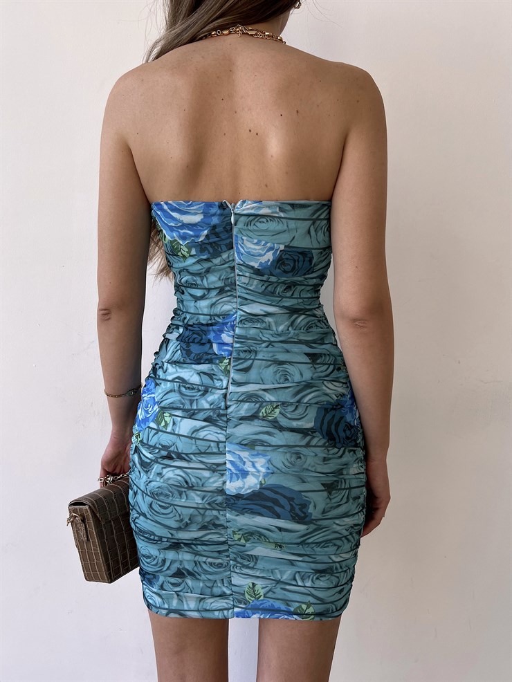 Çiçekli Mini Boy Straplez Kalp Yaka Drapeli Sasha Kadın Mavi Elbise 22Y000252