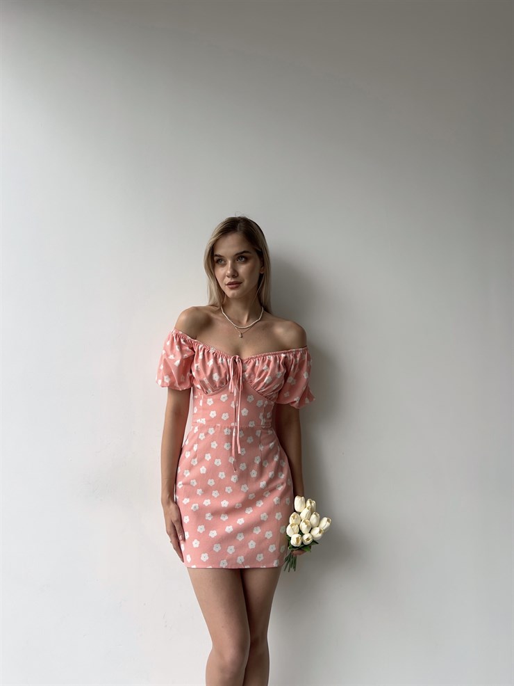 Çiçekli Mini Boy Yakası Ayaranabilir Lastikli Onorio Kadın Pembe Elbise 22Y000373