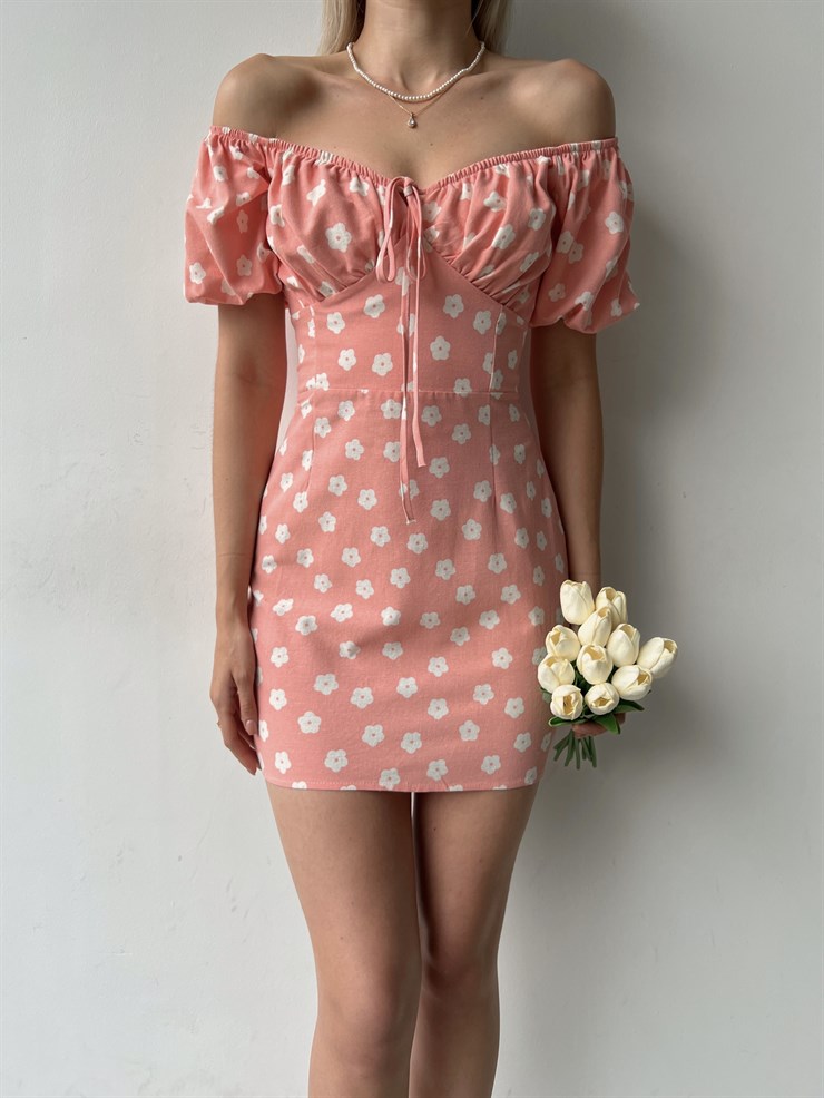 Çiçekli Mini Boy Yakası Ayaranabilir Lastikli Onorio Kadın Pembe Elbise 22Y000373