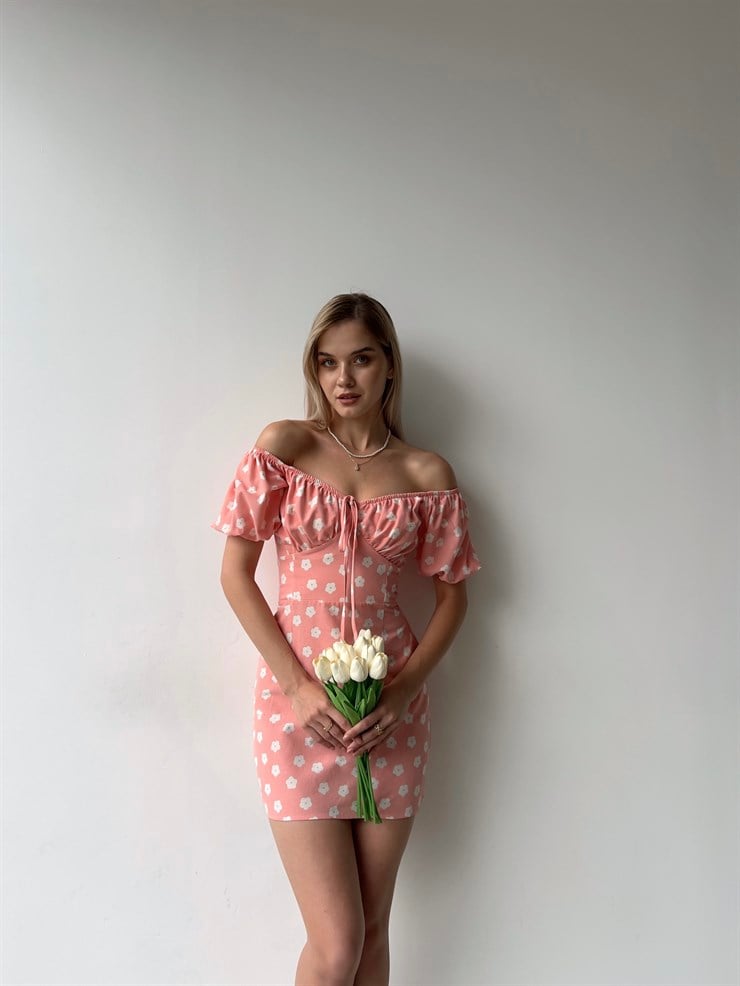 Çiçekli Mini Boy Yakası Ayaranabilir Lastikli Onorio Kadın Pembe Elbise 22Y000373