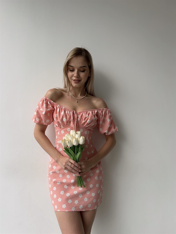 Çiçekli Mini Boy Yakası Ayaranabilir Lastikli Onorio Kadın Pembe Elbise 22Y000373