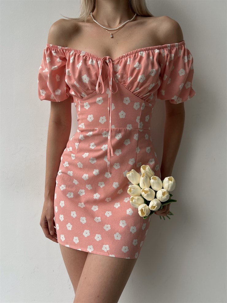 Çiçekli Mini Boy Yakası Ayaranabilir Lastikli Onorio Kadın Pembe Elbise 22Y000373