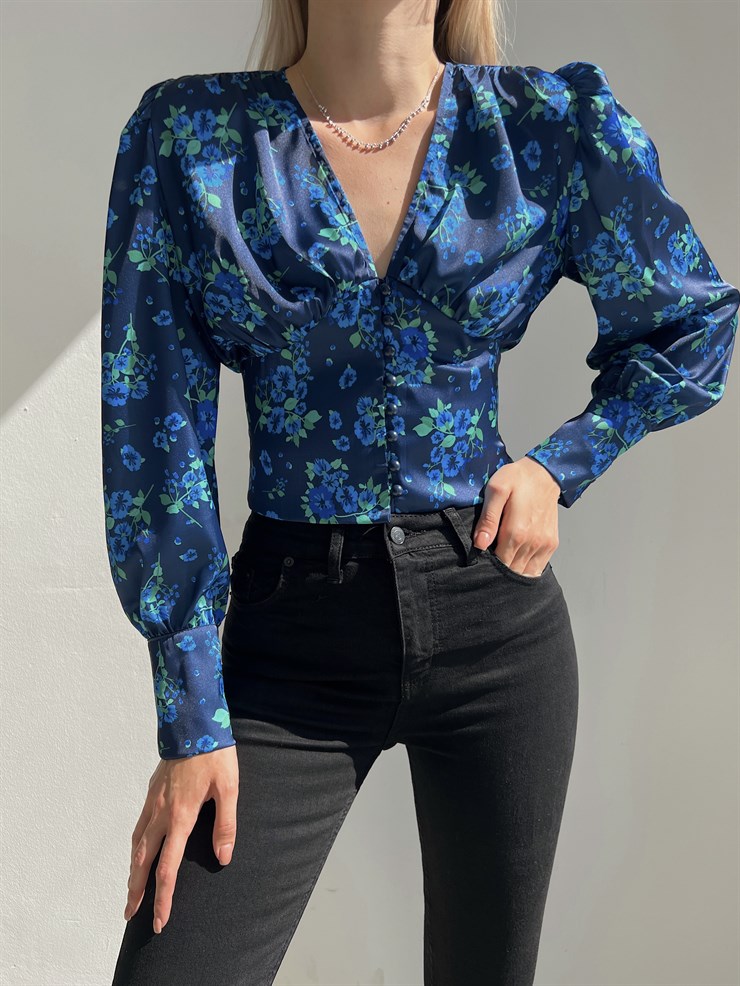 Çiçekli Omzu Pileli Düğmeli Dilla Kadın Lacivert Bluz 22Y000341