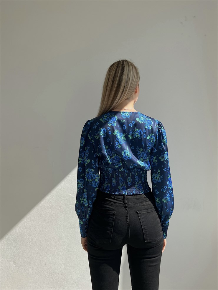 Çiçekli Omzu Pileli Düğmeli Dilla Kadın Lacivert Bluz 22Y000341