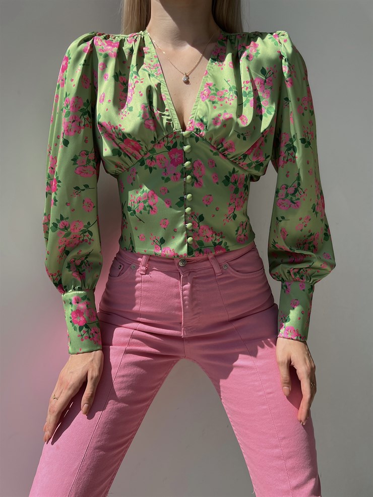 Çiçekli Omzu Pileli Düğmeli Dilla Kadın Yeşil Bluz 22Y000341