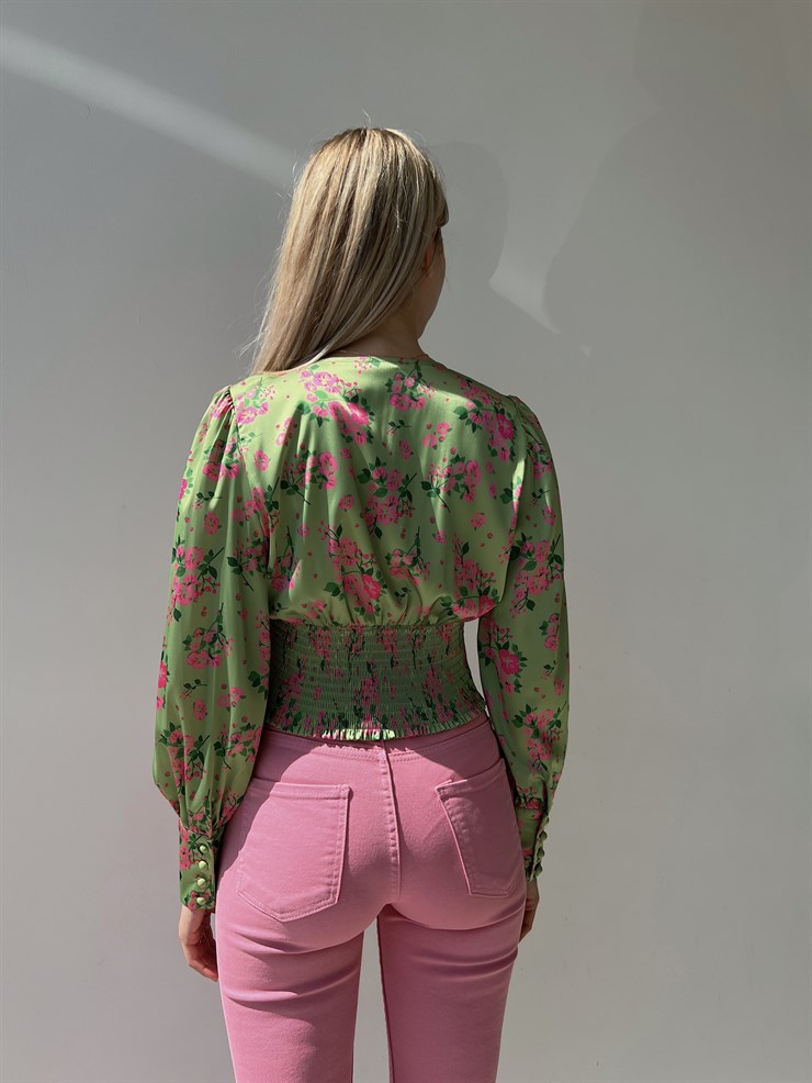 Çiçekli Omzu Pileli Düğmeli Dilla Kadın Yeşil Bluz 22Y000341