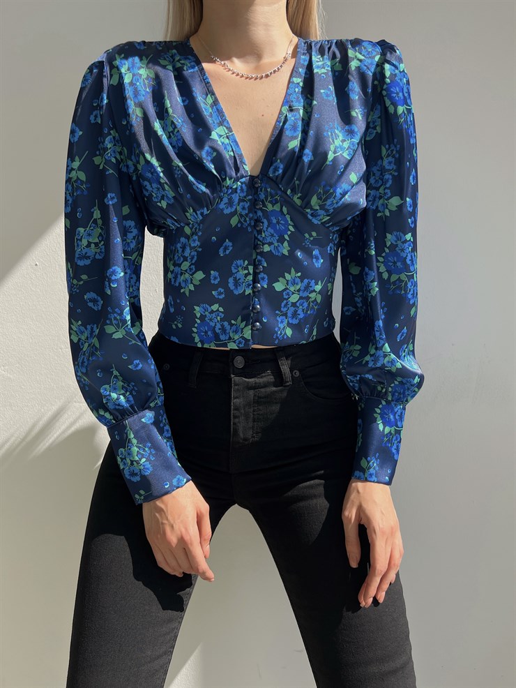 Çiçekli Omzu Pileli Düğmeli Dilla Kadın Lacivert Bluz 22Y000341