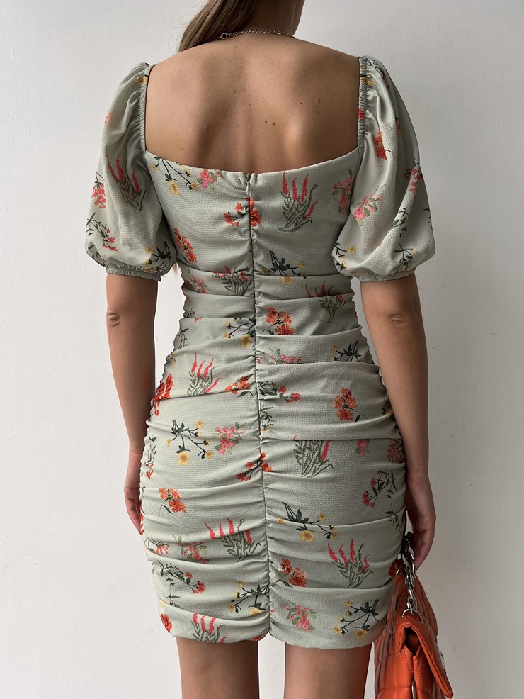 Çiçekli Önden Dikiş Detay Büzgülü Tavian Kadın Mint Elbise 22Y000321