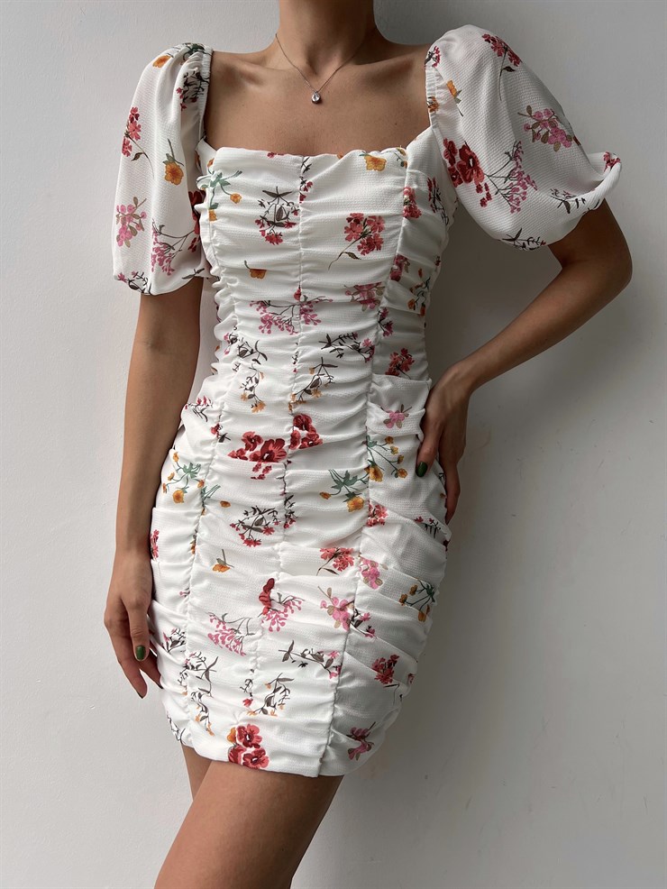 Çiçekli Önden Dikiş Detay Büzgülü Tavian Kadın Beyaz Elbise 22Y000321