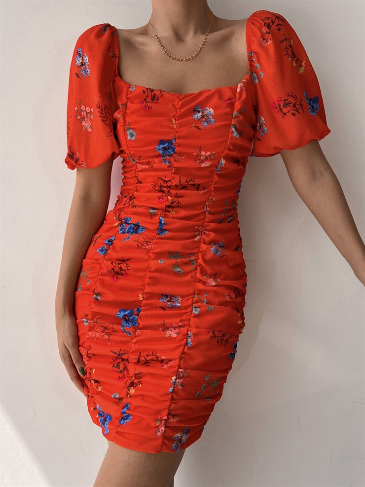 Çiçekli Önden Dikiş Detay Büzgülü Tavian Kadın Turuncu Elbise 22Y000321