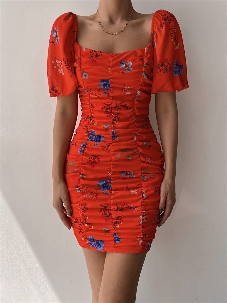 Çiçekli Önden Dikiş Detay Büzgülü Tavian Kadın Turuncu Elbise 22Y000321