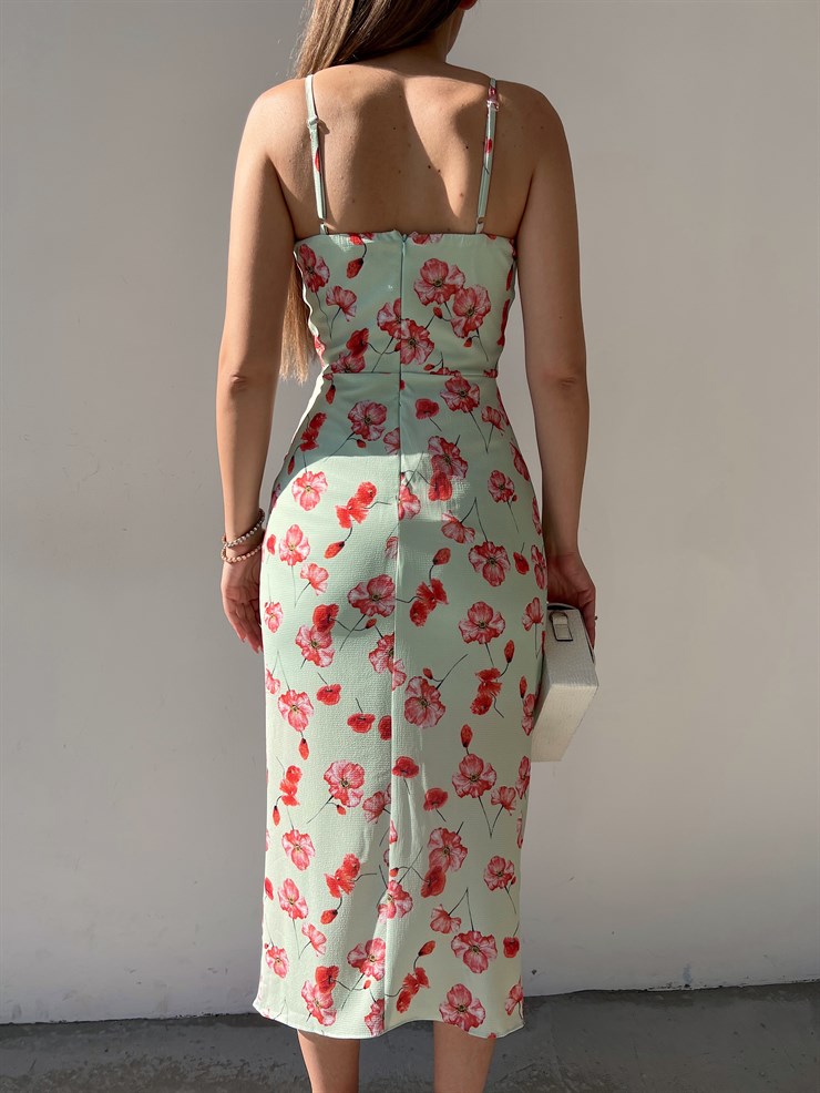 Çiçekli Önden Yırtmaçlı Drapeli Maxim Kadın Mint Renk Midi Elbise 22Y000202