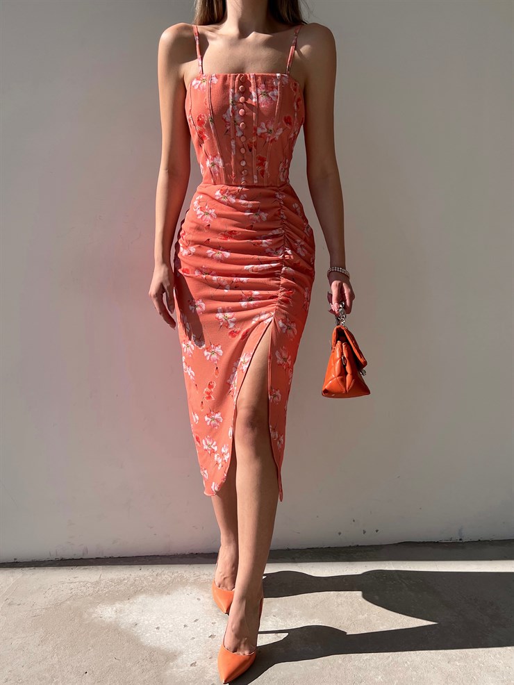 Çiçekli Önden Yırtmaçlı Drapeli Maxim Kadın Oranj Midi Elbise 22Y000202