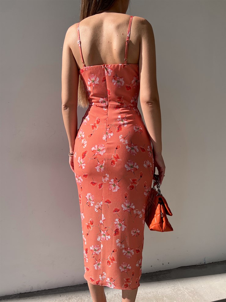 Çiçekli Önden Yırtmaçlı Drapeli Maxim Kadın Oranj Midi Elbise 22Y000202