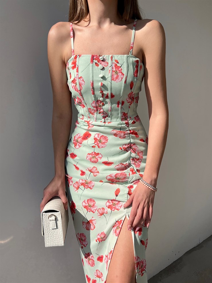 Çiçekli Önden Yırtmaçlı Drapeli Maxim Kadın Mint Renk Midi Elbise 22Y000202