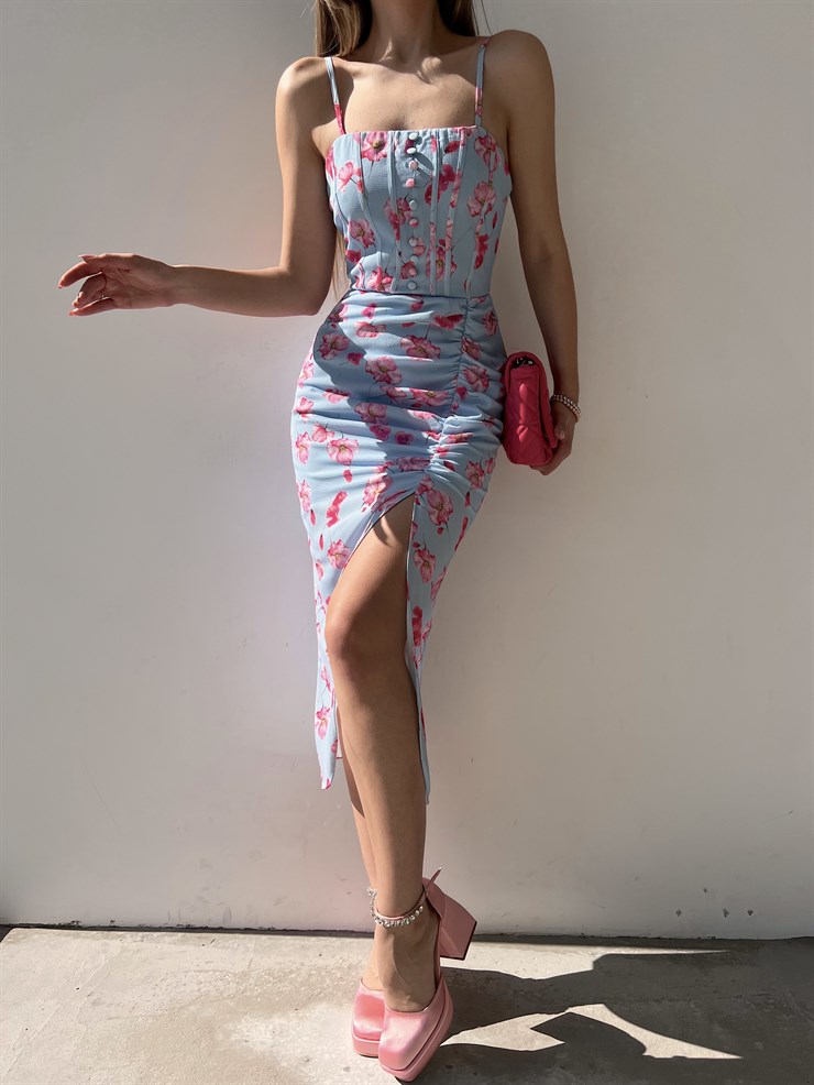 Çiçekli Önden Yırtmaçlı Drapeli Maxim Kadın Mavi Midi Elbise 22Y000202