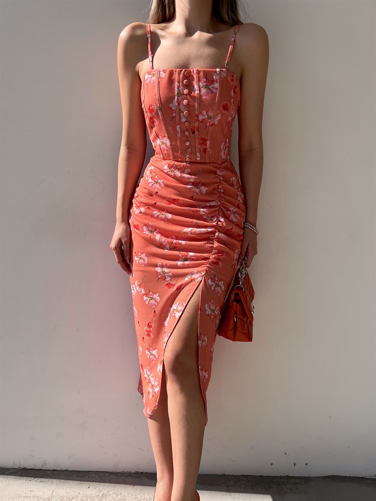 Çiçekli Önden Yırtmaçlı Drapeli Maxim Kadın Oranj Midi Elbise 22Y000202