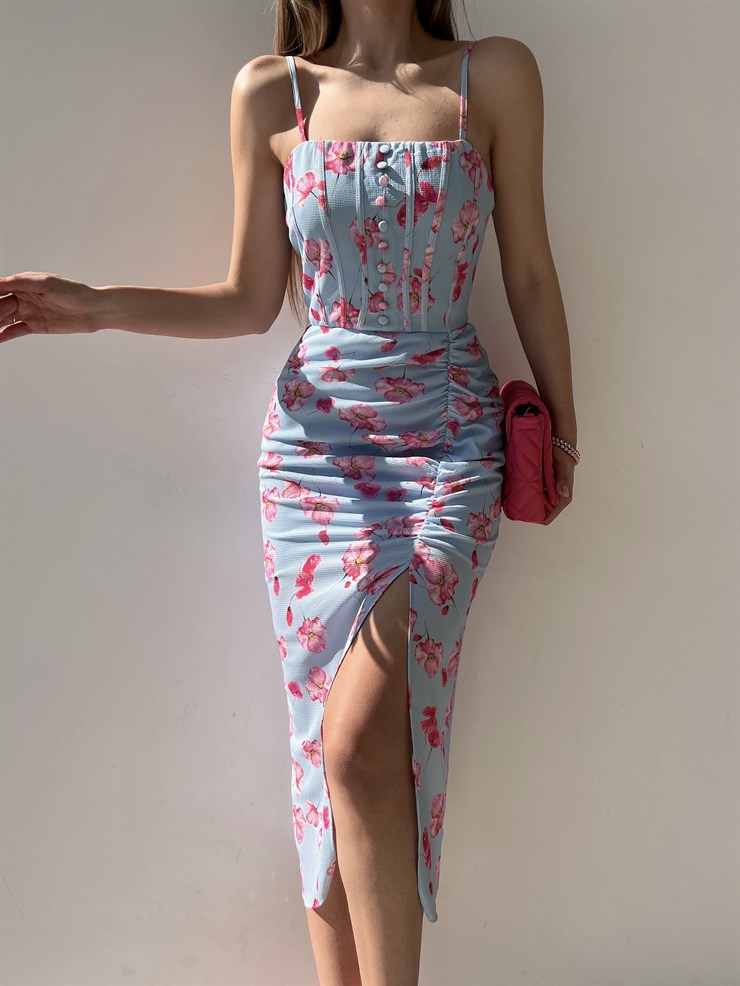 Çiçekli Önden Yırtmaçlı Drapeli Maxim Kadın Mavi Midi Elbise 22Y000202