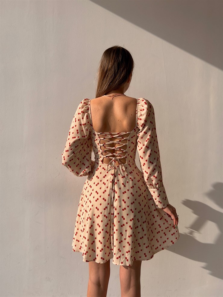 Çiçekli Sırt Dekolteli Lorena Kadın Bej Mini Elbise 22K000580