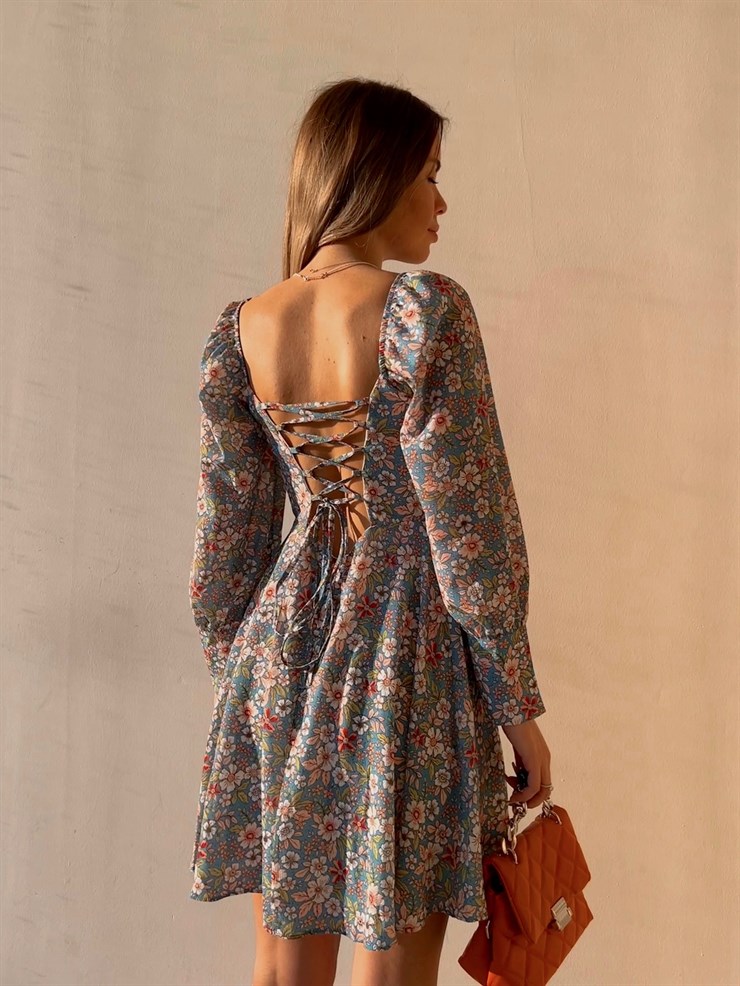 Çiçekli Sırt Dekolteli Lorena Kadın Mavi Mini Elbise 22K000580