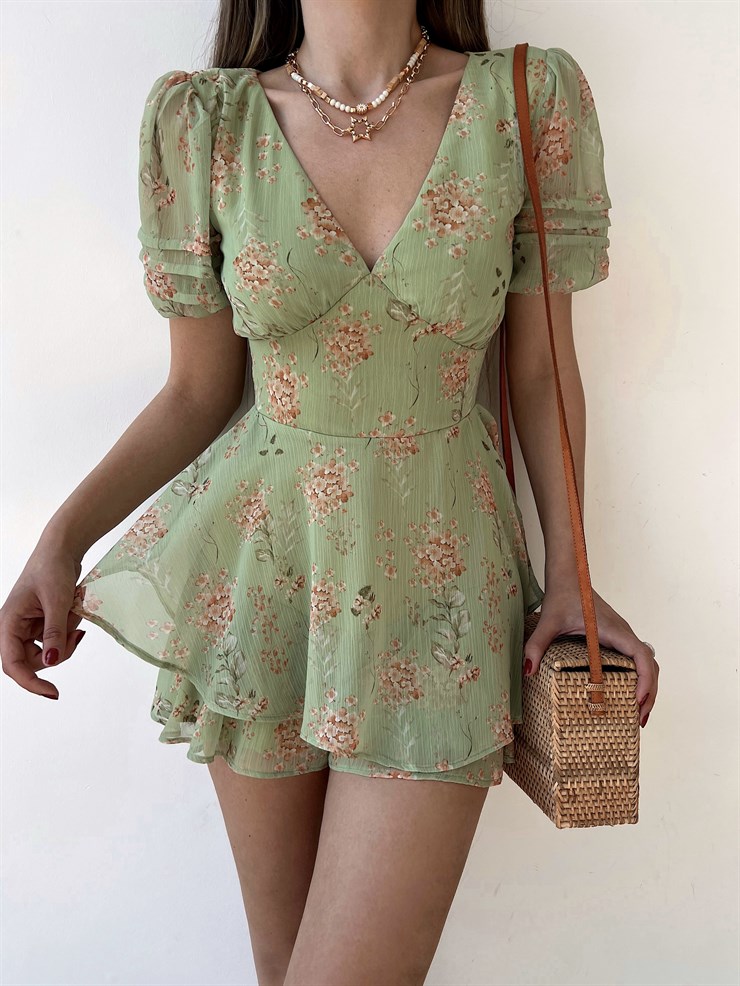 Çiçekli Sırtı Pencere Detay Volanlı Vernon Kadın Yeşil Şort Elbise 22Y000279
