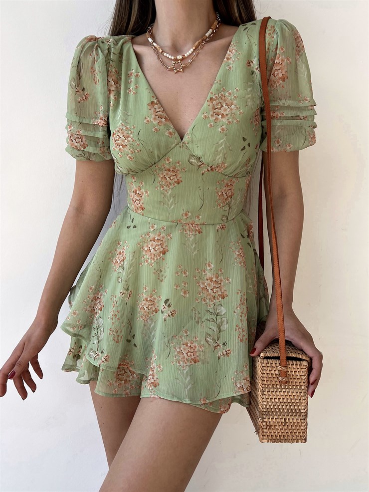 Çiçekli Sırtı Pencere Detay Volanlı Vernon Kadın Yeşil Şort Elbise 22Y000279