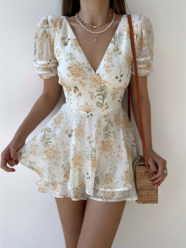 Çiçekli Sırtı Pencere Detay Volanlı Vernon Kadın Beyaz Şort Elbise 22Y000279